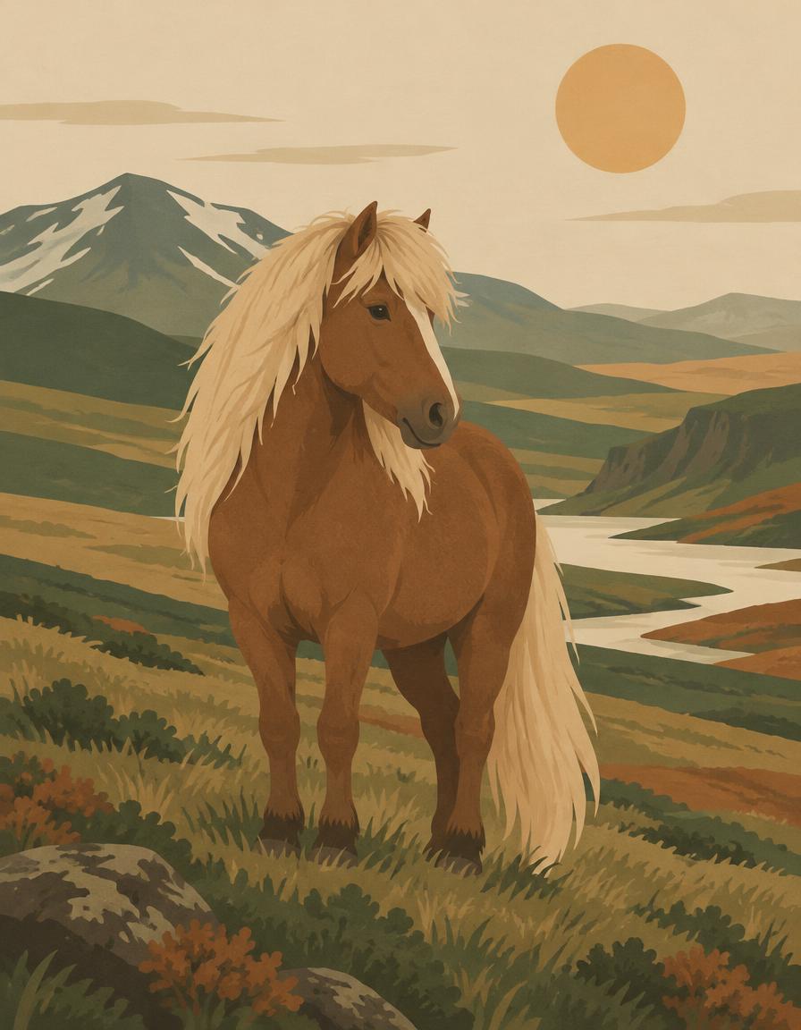 Illustration eines Islandpferds in sanfter Hügellandschaft